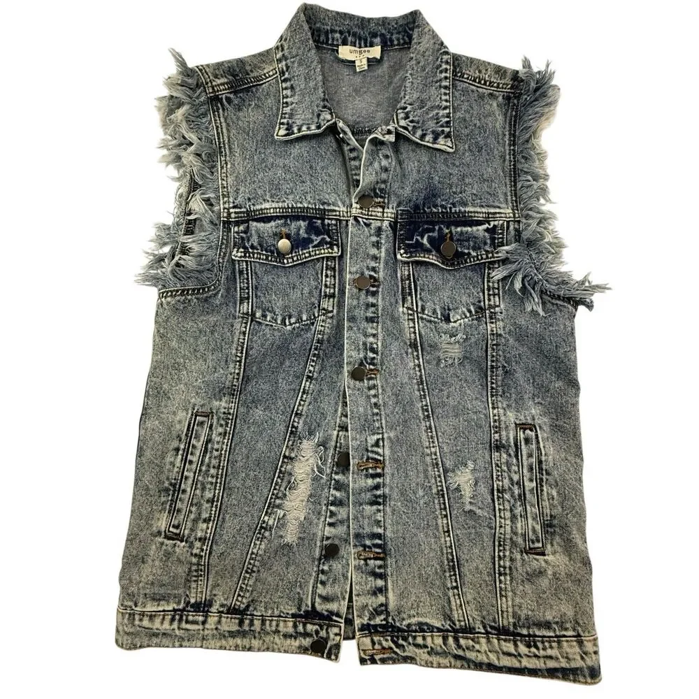 Umgee Acid Washed Denim Midi Vest Women Small Retro 90s Frayed Factory Distress - Picture 5 of 12